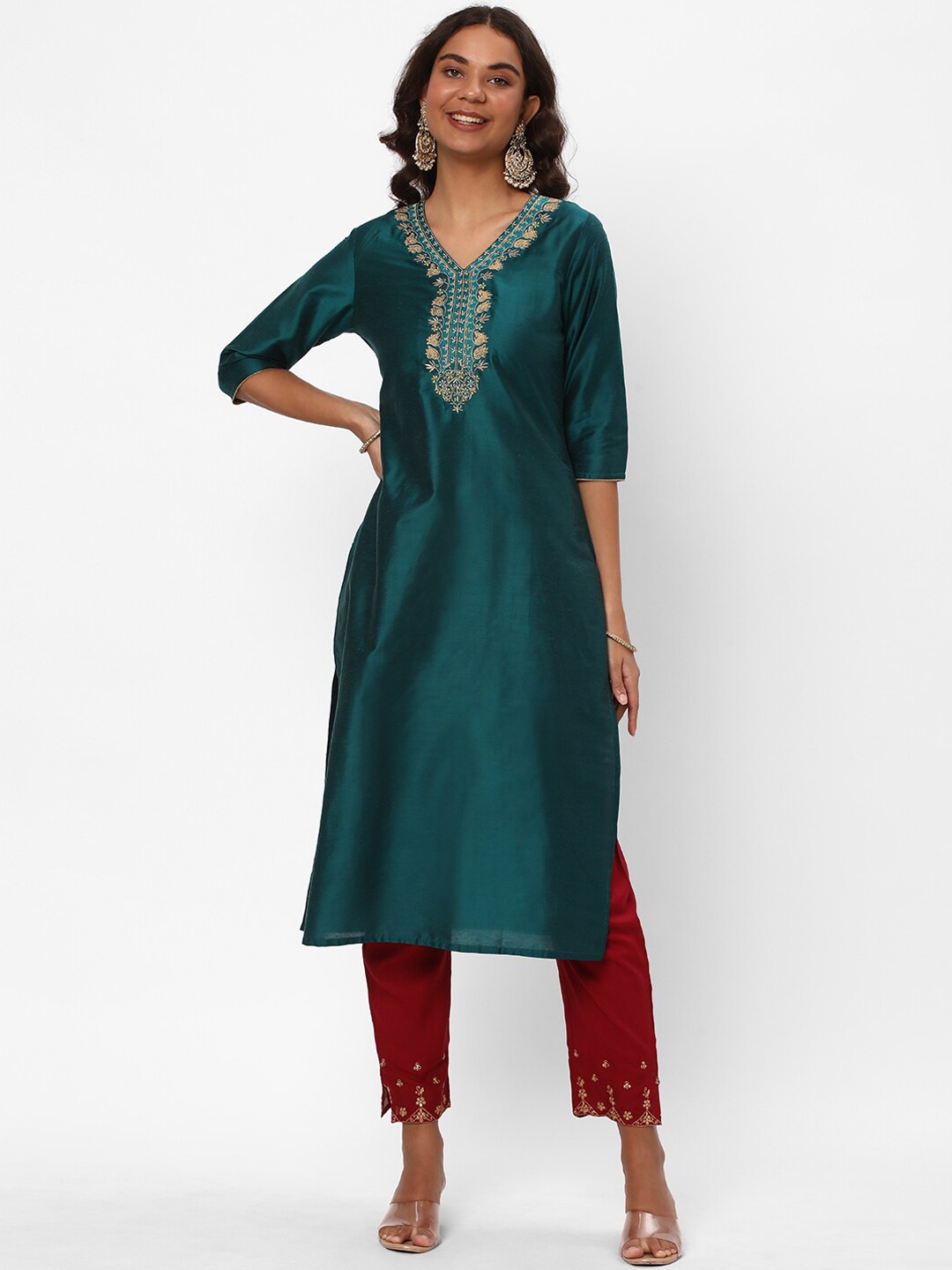 R&B Thread Work V-Neck Straight Kurta, Green