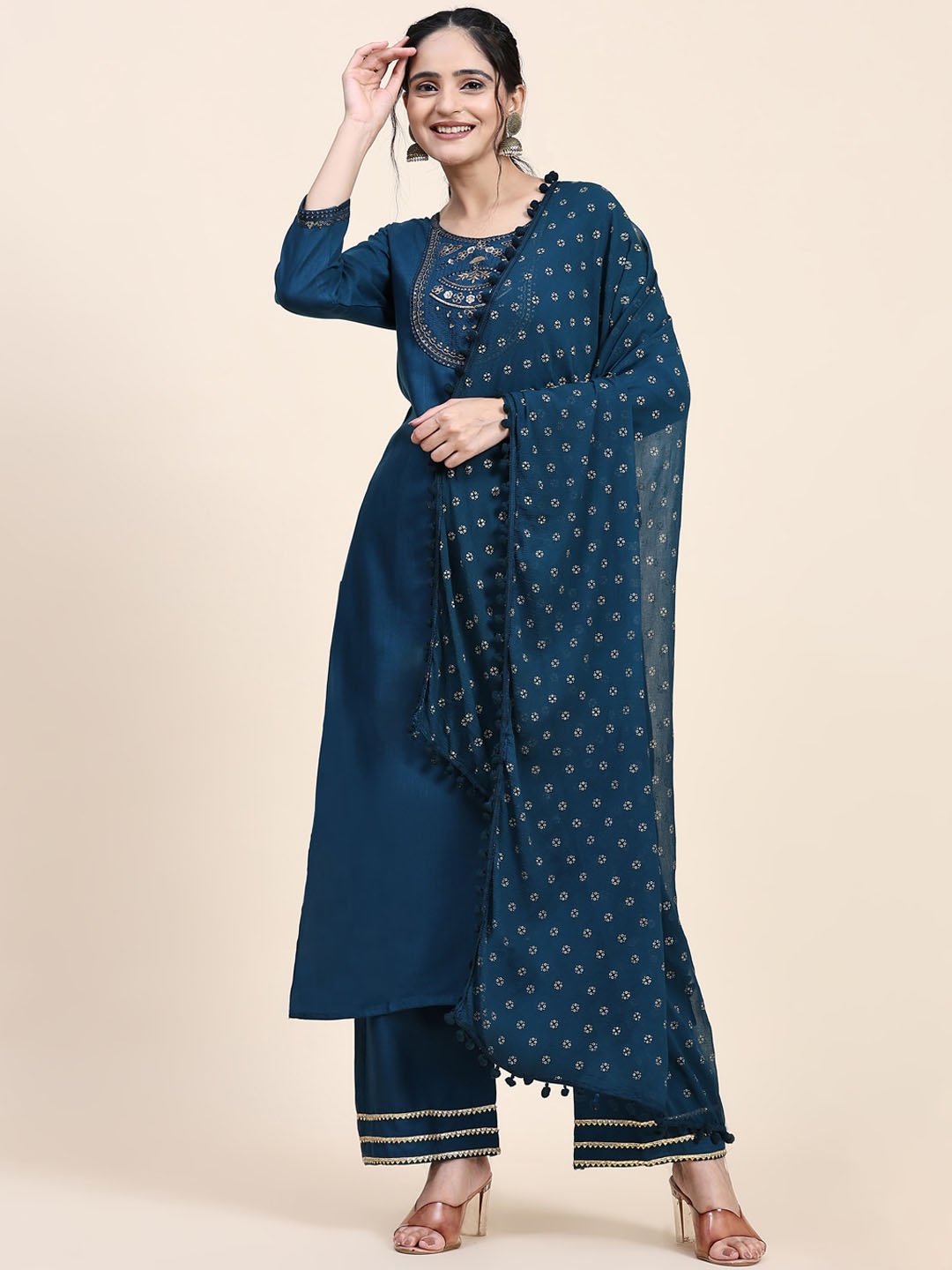 Murta Trends Ethnic Motifs Yoke Design Thread Work Straight Kurta & Trousers With Dupatta, Blue
Murta Trends Ethnic Motifs Yoke Design Thread Work Straight Kurta & Trousers With Dupatta, Blue