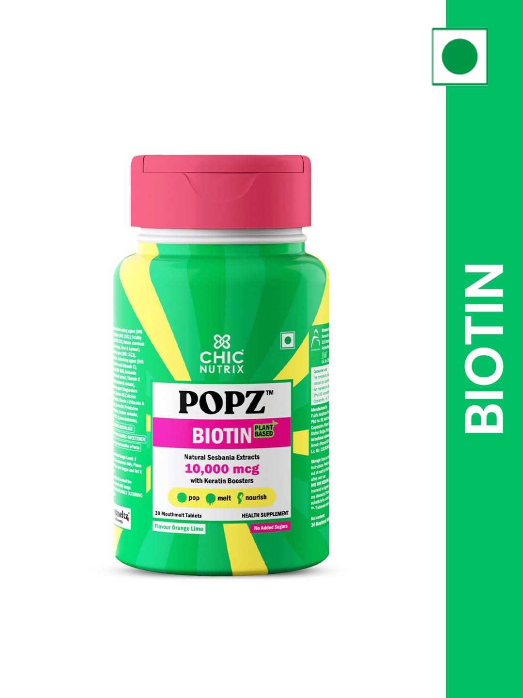 CHICNUTRIX Popz Plant Based Biotin 10000 mcg Tablets For Strong & Thick Hair - 30 Tablets, Green
CHICNUTRIX Popz Plant Based Biotin 10000 mcg Tablets For Strong & Thick Hair - 30 Tablets, Green