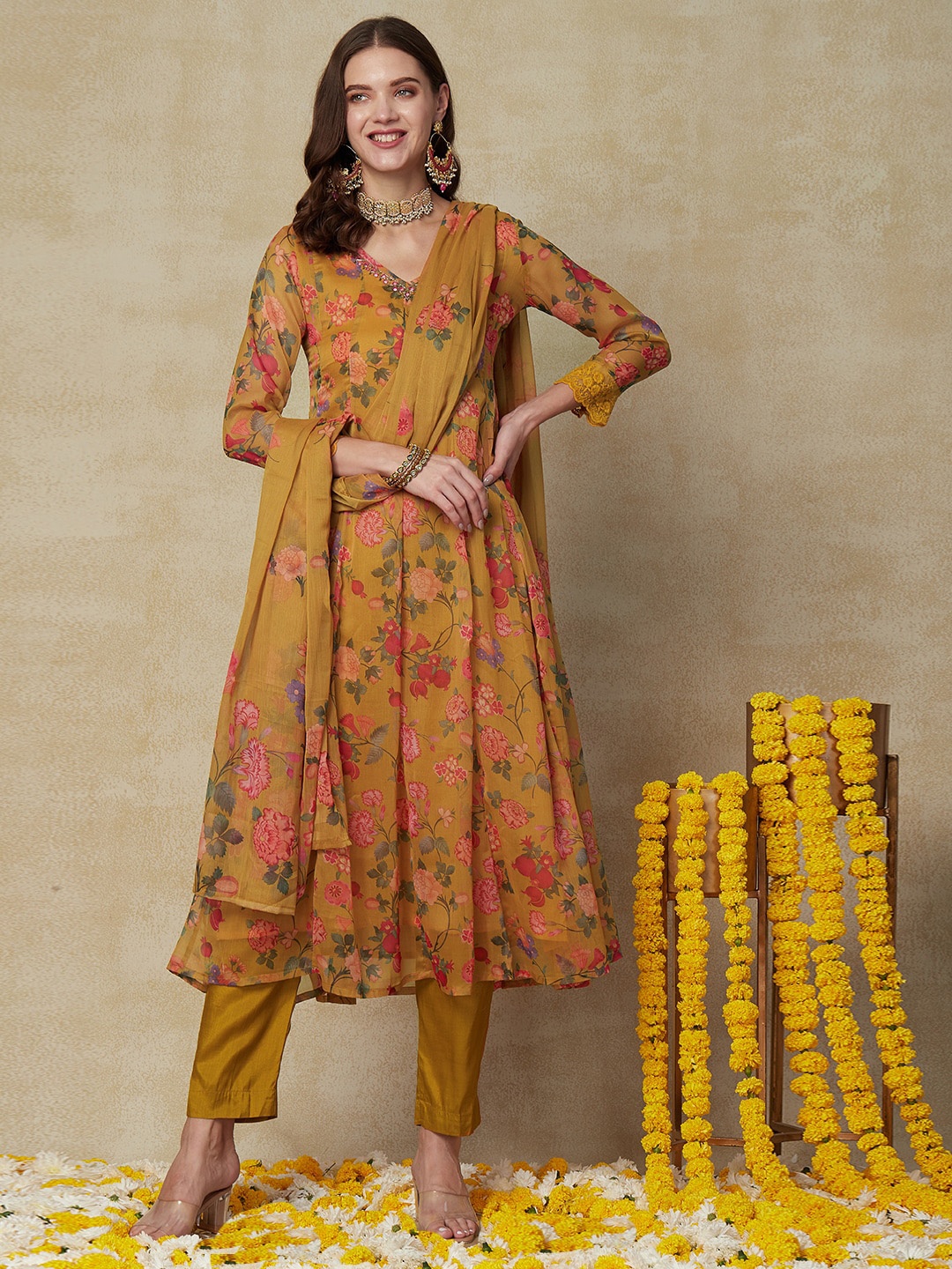 FASHOR Floral Printed Mirror Work Kurta & Trousers With Dupatta, Mustard