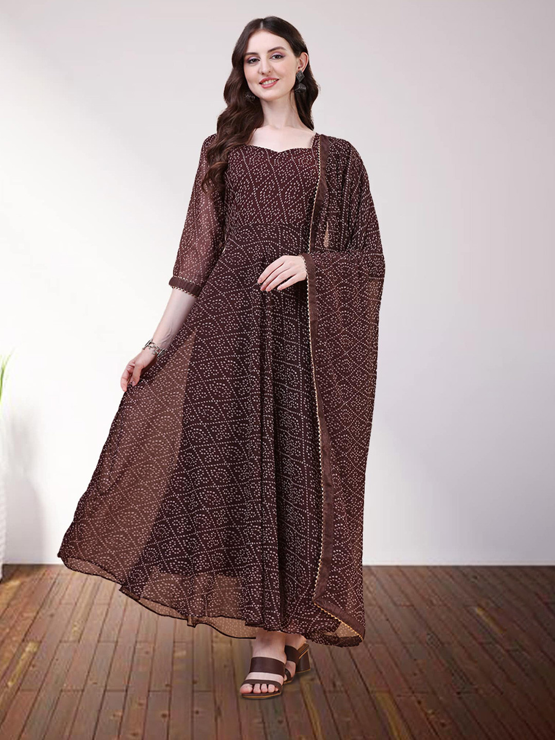 N N ENTERPRISE Bandhani Printed Sweetheart Neck Anarkali Georgette Kurta With Dupatta, Brown
N N ENTERPRISE Bandhani Printed Sweetheart Neck Anarkali Georgette Kurta With Dupatta, Brown