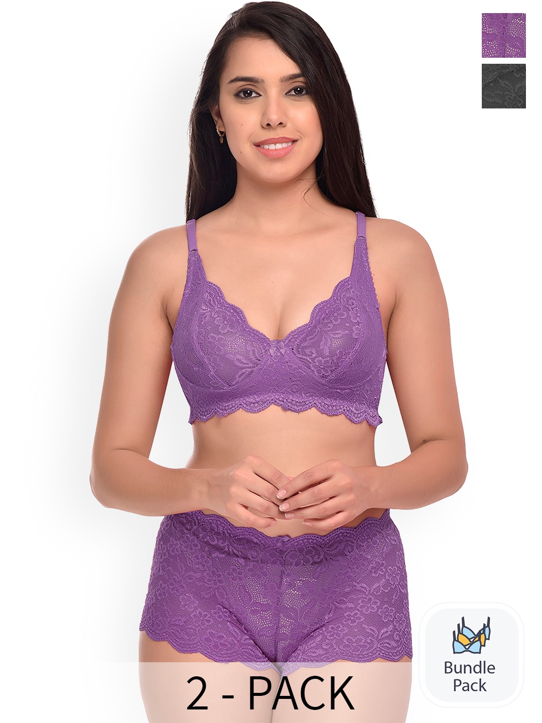 AROUSY Pack Of 2 Self-Design Lingerie Sets, Purple