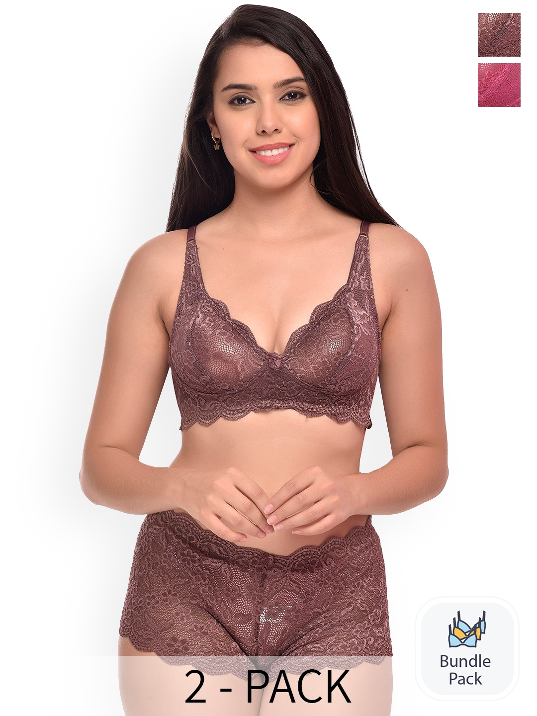 AROUSY Pack Of 2 Self Design Lingerie Set, Pink