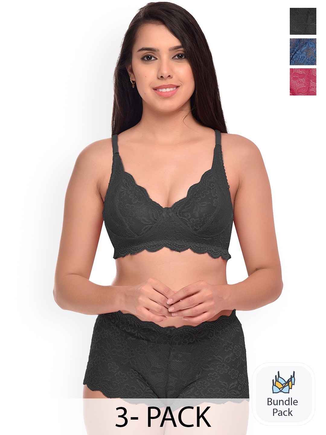 AROUSY Pack Of 3 Self Design Lingerie Set, Blue