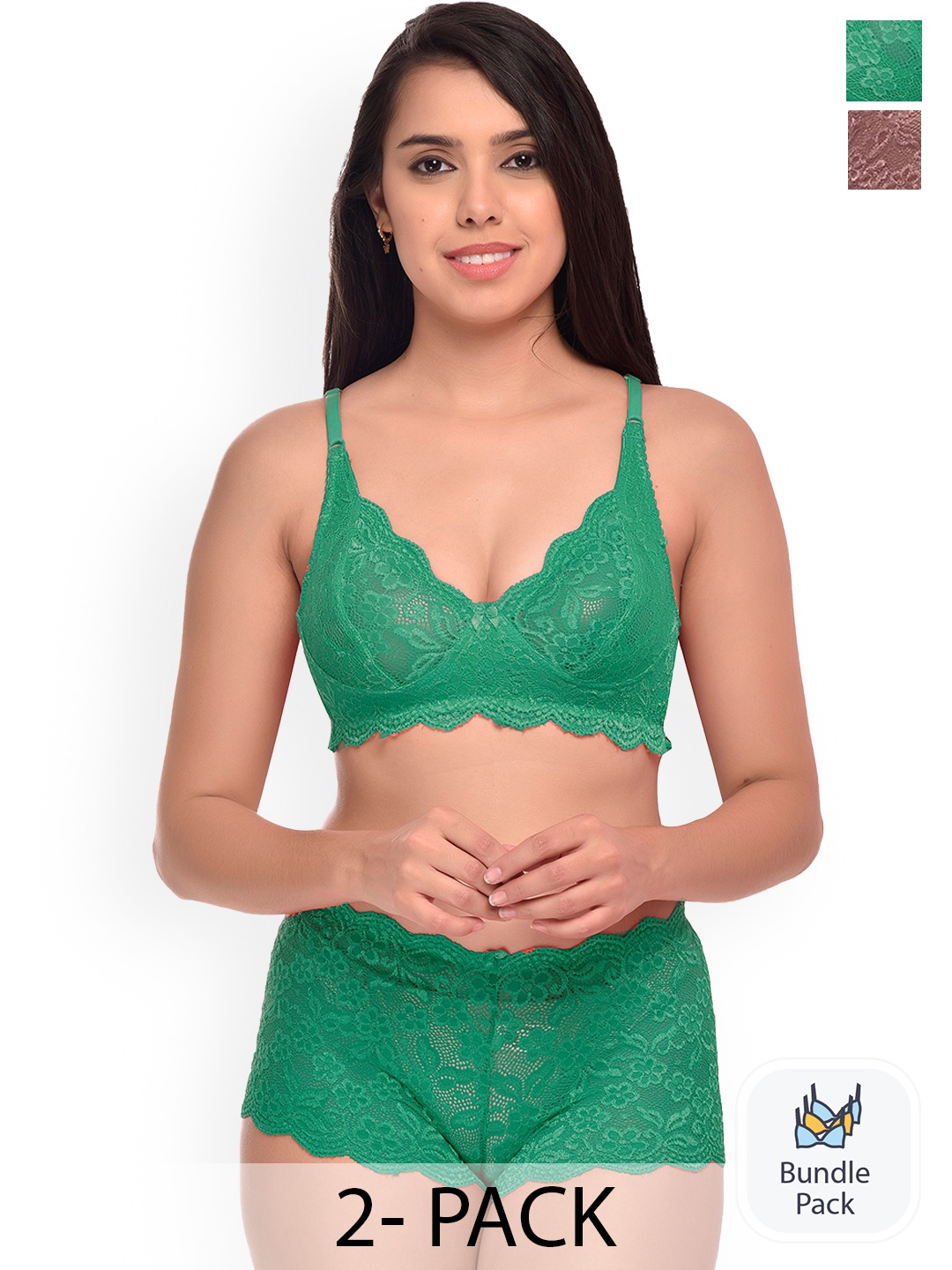 AROUSY Pack Of 2 Self Design Lingerie Set, Green