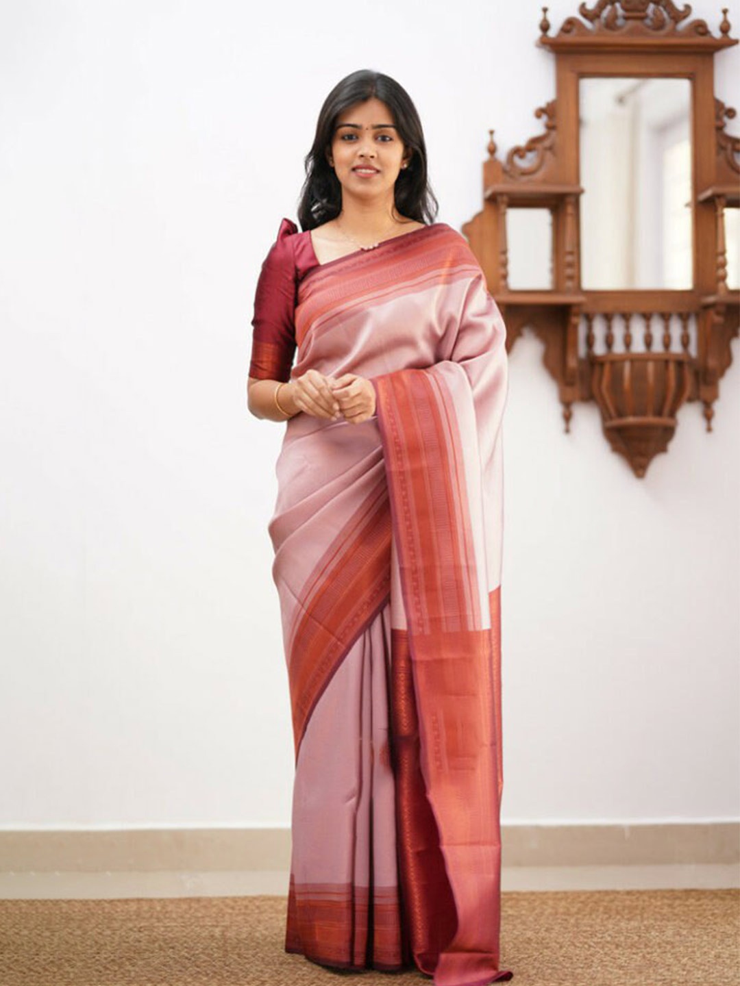SHIJILA Zari Kanjeevaram Saree, Rust