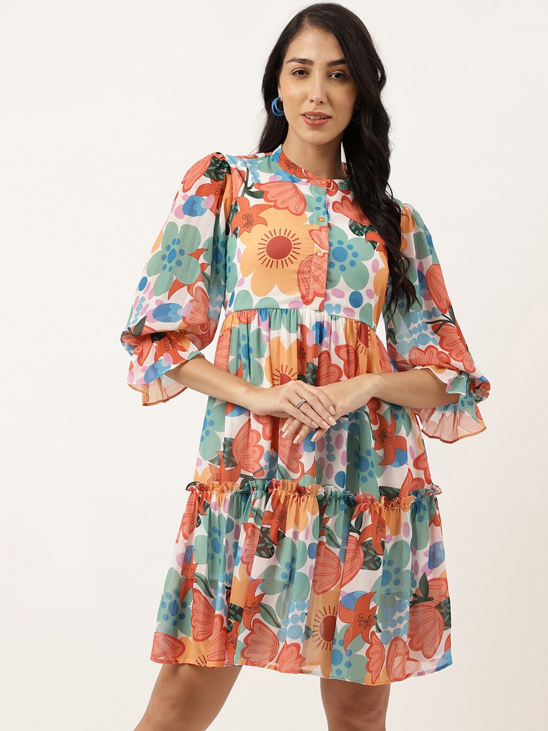 Masakali.Co Floral Printed Band Collar Puff Sleeve Tiered Georgette A-Line Dress, White
Masakali.Co Floral Printed Band Collar Puff Sleeve Tiered Georgette A-Line Dress, White