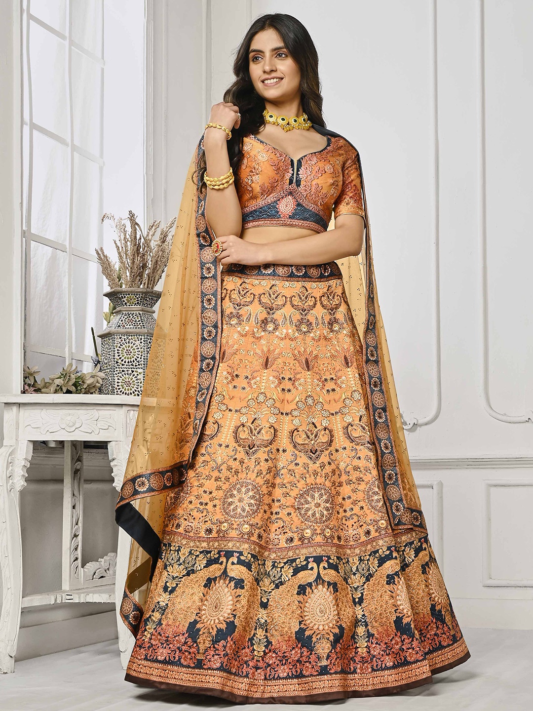 SAPTRANGI Printed Beads And Stones Semi-Stitched Lehenga & Unstitched Blouse With Dupatta, Mustard
SAPTRANGI Printed Beads And Stones Semi-Stitched Lehenga & Unstitched Blouse With Dupatta, Mustard