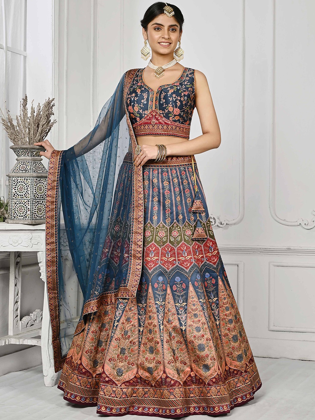 SAPTRANGI Printed Beads And Stones Semi-Stitched Lehenga & Unstitched Blouse With Dupatta, Blue
SAPTRANGI Printed Beads And Stones Semi-Stitched Lehenga & Unstitched Blouse With Dupatta, Blue