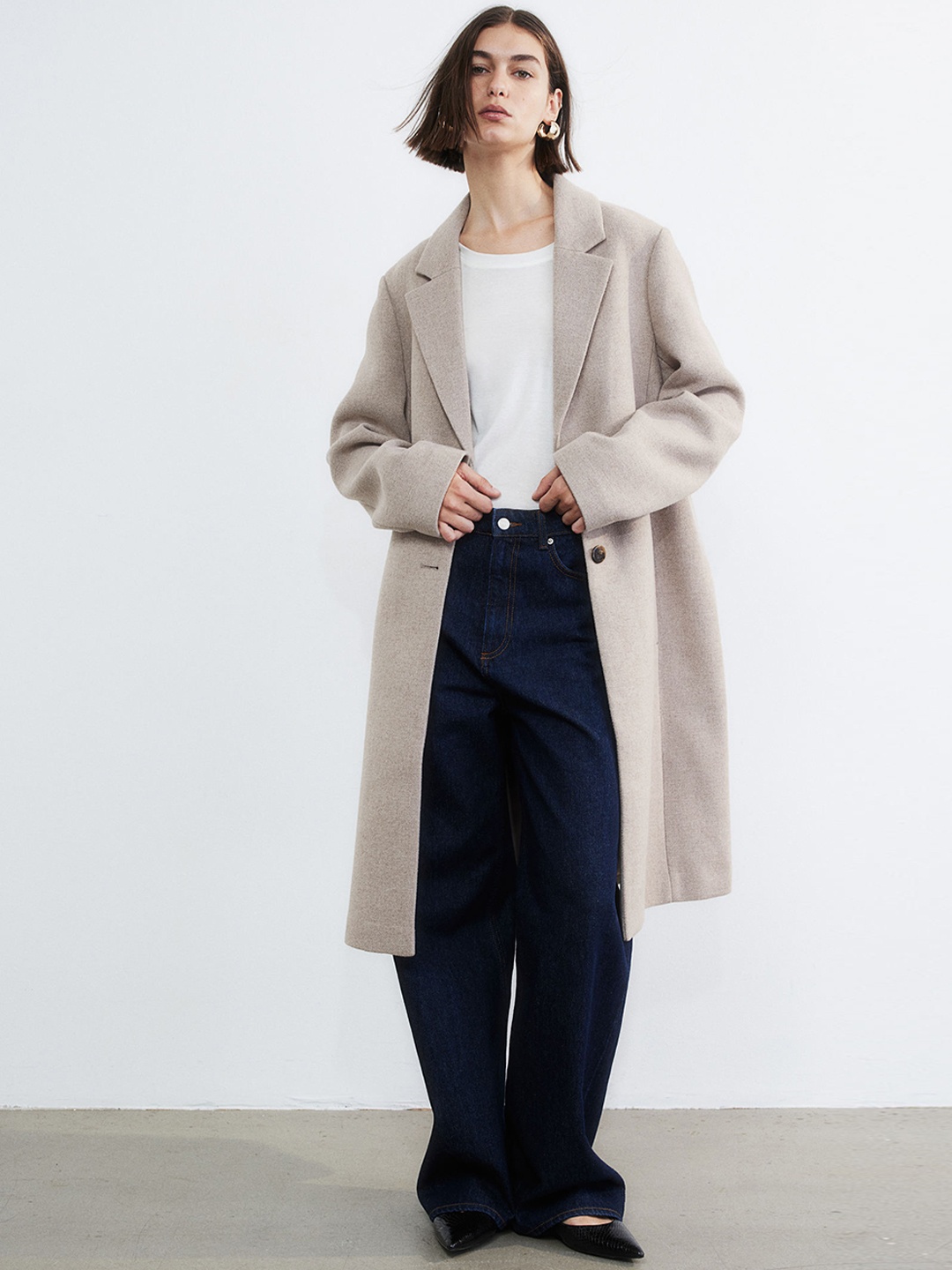 H&M Single-Breasted Twill Coat, Beige