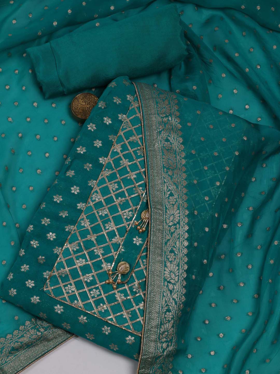 Meena Bazaar Ethnic Motifs Woven Design Gotta Patti Detailed Unstitched Dress Material, Teal
Meena Bazaar Ethnic Motifs Woven Design Gotta Patti Detailed Unstitched Dress Material, Teal