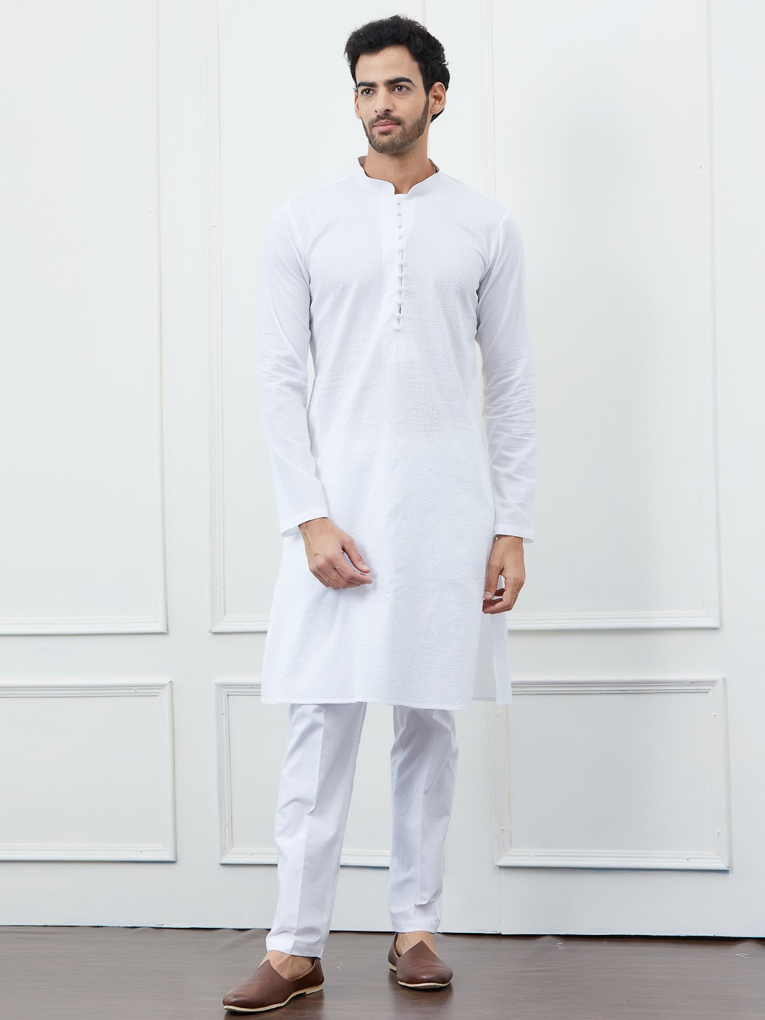See Designs Striped Mandarin Collar Thread Work Pure Cotton Straight Kurta with Trouser, White
See Designs Striped Mandarin Collar Thread Work Pure Cotton Straight Kurta with Trouser, White