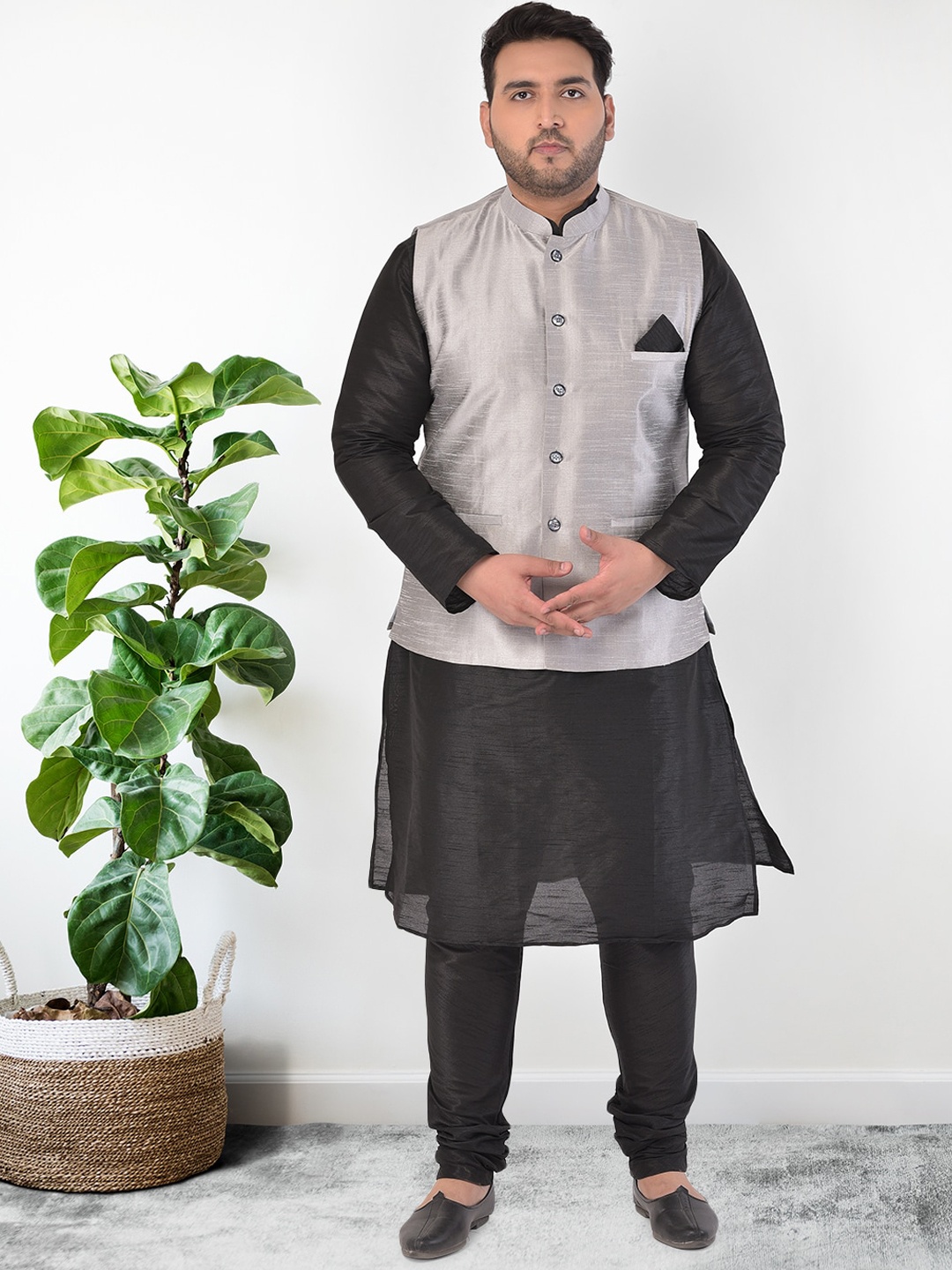 Sztori Plus Size Dupion Silk Straight Kurta With Churidar & Nehru Jacket, Black
Sztori Plus Size Dupion Silk Straight Kurta With Churidar & Nehru Jacket, Black