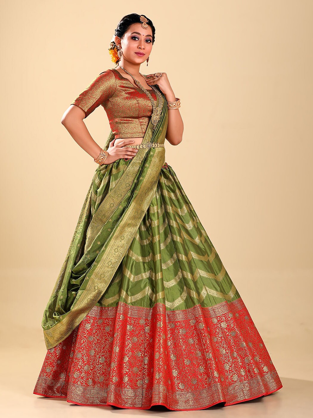HALFSAREE STUDIO Woven Design Semi-Stitched Lehenga & Unstitched Blouse With Dupatta, Olive
HALFSAREE STUDIO Woven Design Semi-Stitched Lehenga & Unstitched Blouse With Dupatta, Olive