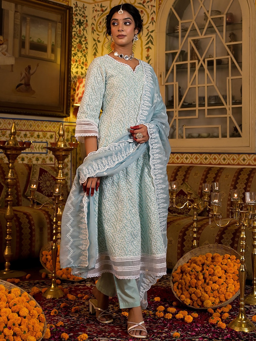 Yufta Women Embroidered Regular Pure Cotton Kurta with Trousers & With Dupatta, Sea green
Yufta Women Embroidered Regular Pure Cotton Kurta with Trousers & With Dupatta, Sea green