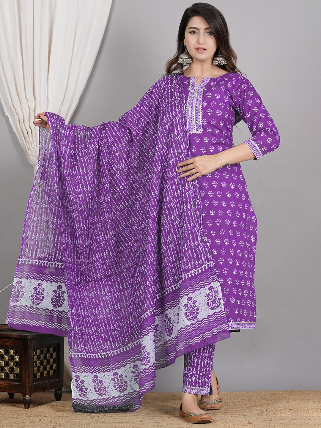 ZOYOTO Ethnic Motifs Printed Gotta Patti Pure Cotton Straight Kurta & Trouser With Dupatta, Purple
ZOYOTO Ethnic Motifs Printed Gotta Patti Pure Cotton Straight Kurta & Trouser With Dupatta, Purple