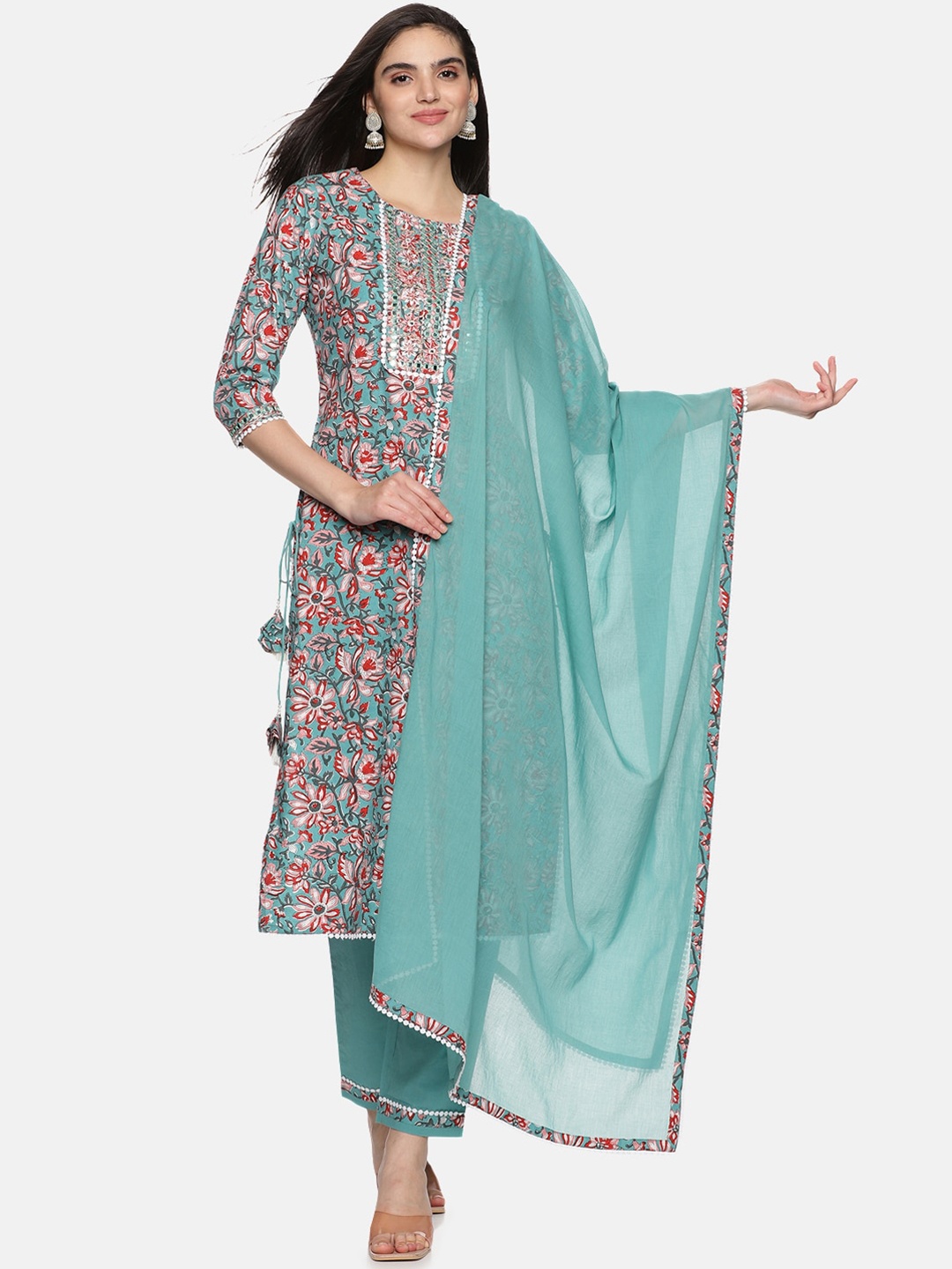 Palakh Floral Printed Mirror Work Pure Cotton Straight Kurta With Trousers & Dupatta, Green
Palakh Floral Printed Mirror Work Pure Cotton Straight Kurta With Trousers & Dupatta, Green