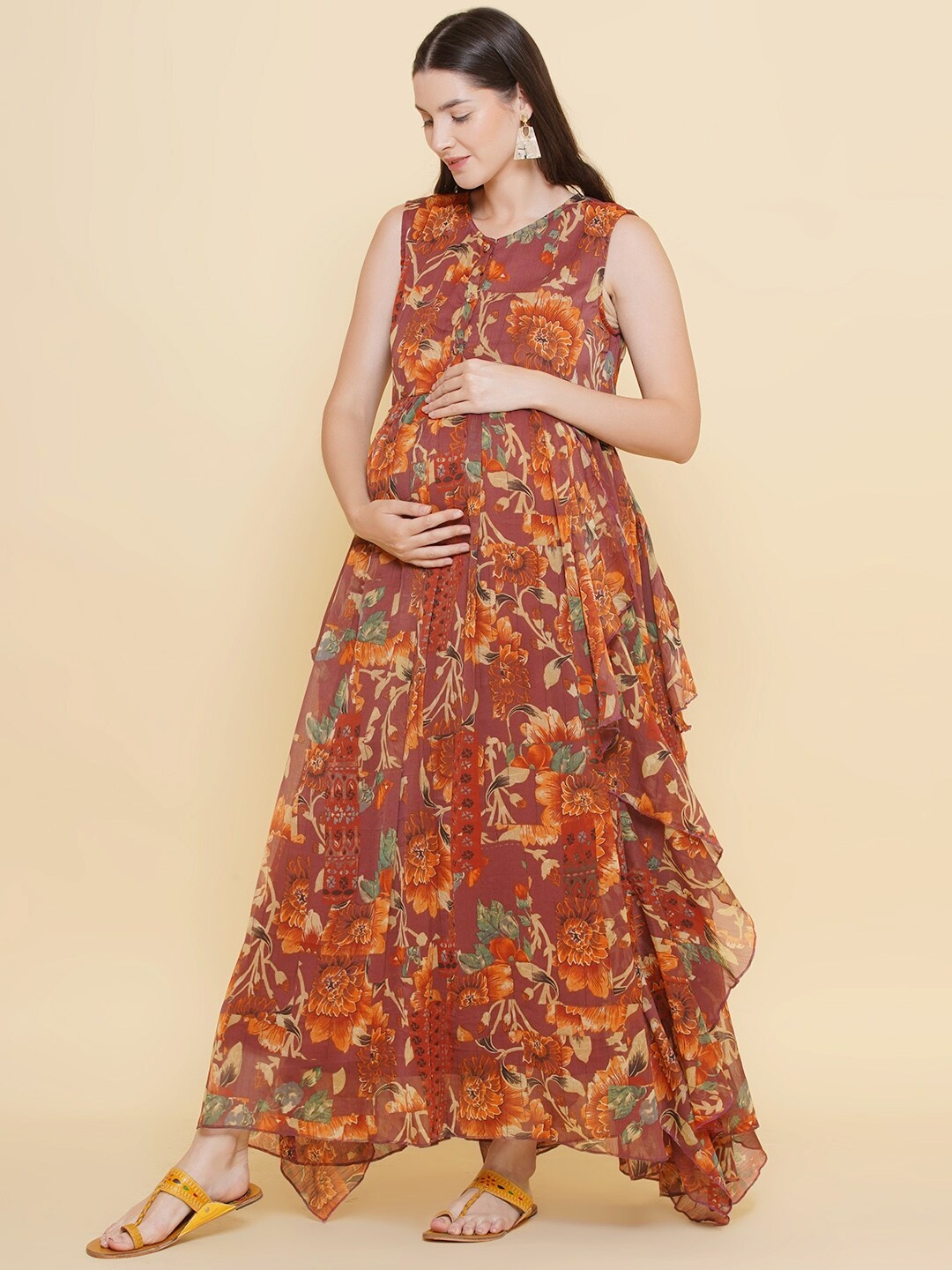 Mine4Nine Floral Printed Ruffled Georgette Chiffon Maternity Maxi Baby Shower Dress, Brown
Mine4Nine Floral Printed Ruffled Georgette Chiffon Maternity Maxi Baby Shower Dress, Brown