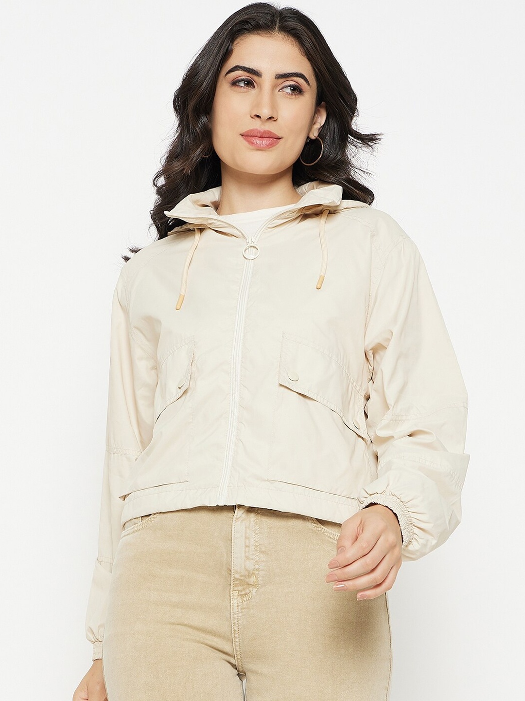 Madame Hooded Crop Bomber Jacket, Beige