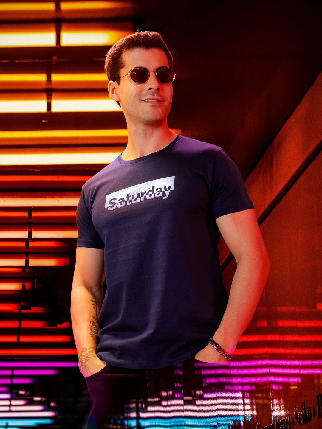 Mast & Harbour Typography Printed Pure Cotton T-shirt, Navy blue