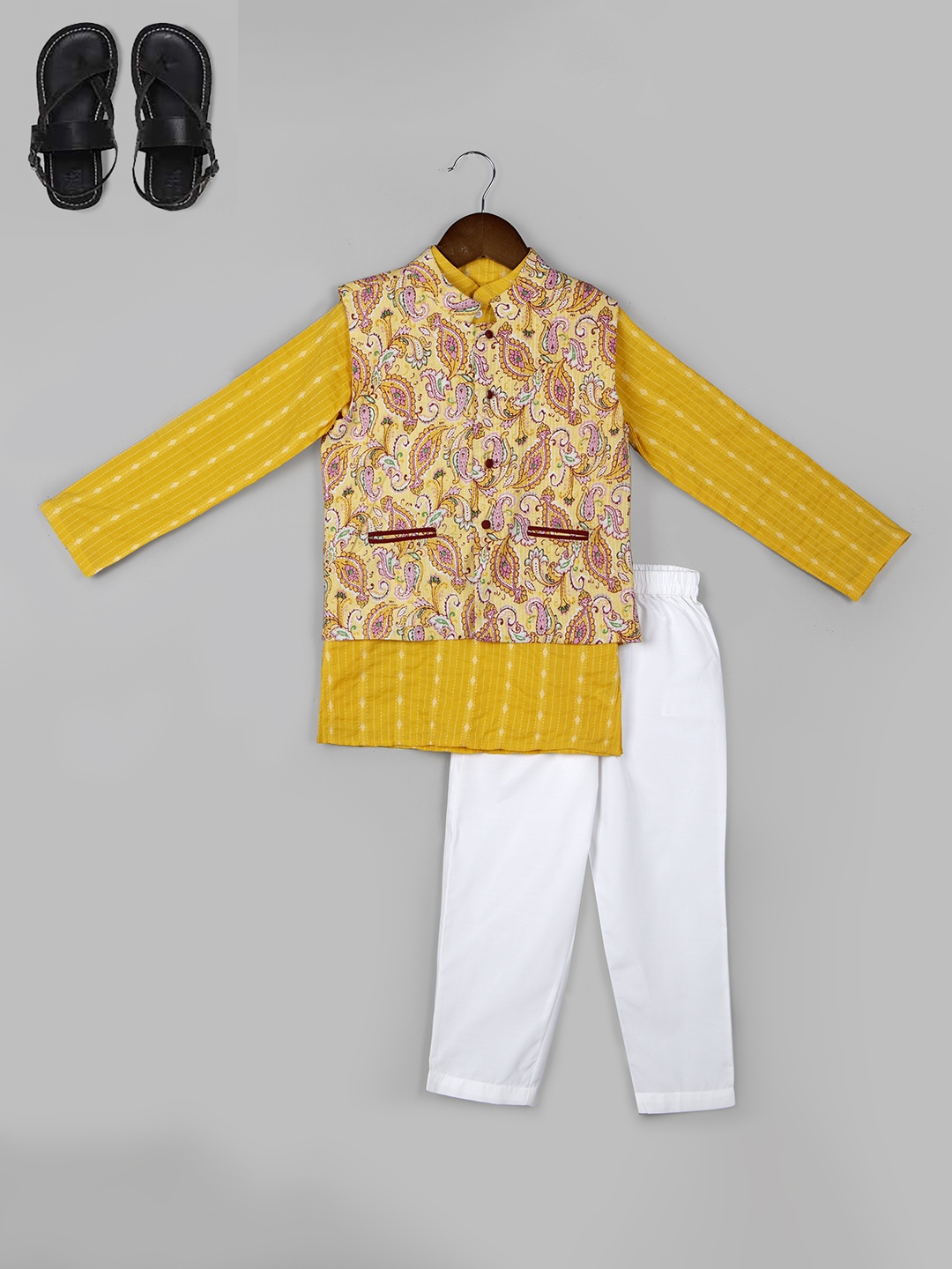 Naughty Ninos Boys Striped Pure Cotton Straight Kurta With Pyjamas & Nehru Jacket, Yellow
Naughty Ninos Boys Striped Pure Cotton Straight Kurta With Pyjamas & Nehru Jacket, Yellow