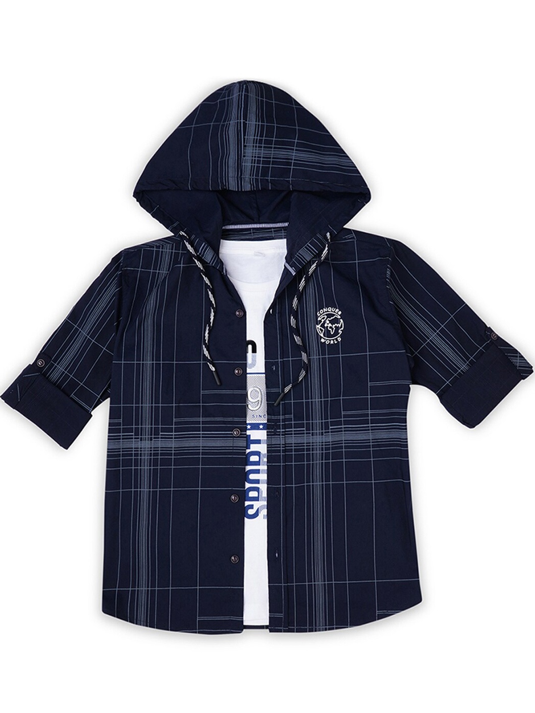 CAVIO Boys Comfort Windowpane Checks Roll-Up Sleeves Cotton Casual Shirt With T-Shirt, Navy blue
CAVIO Boys Comfort Windowpane Checks Roll-Up Sleeves Cotton Casual Shirt With T-Shirt, Navy blue