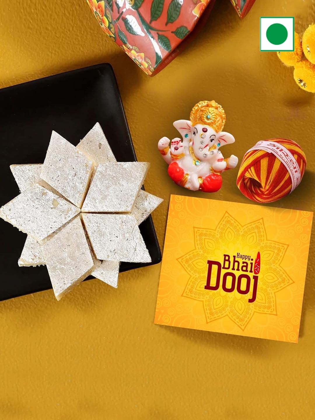 TIED RIBBONS Bhai Dooj Gift with Sweets Amul Kaju Katli Ganesha Card Kalawa Roli Chawal, Yellow
TIED RIBBONS Bhai Dooj Gift with Sweets Amul Kaju Katli Ganesha Card Kalawa Roli Chawal, Yellow