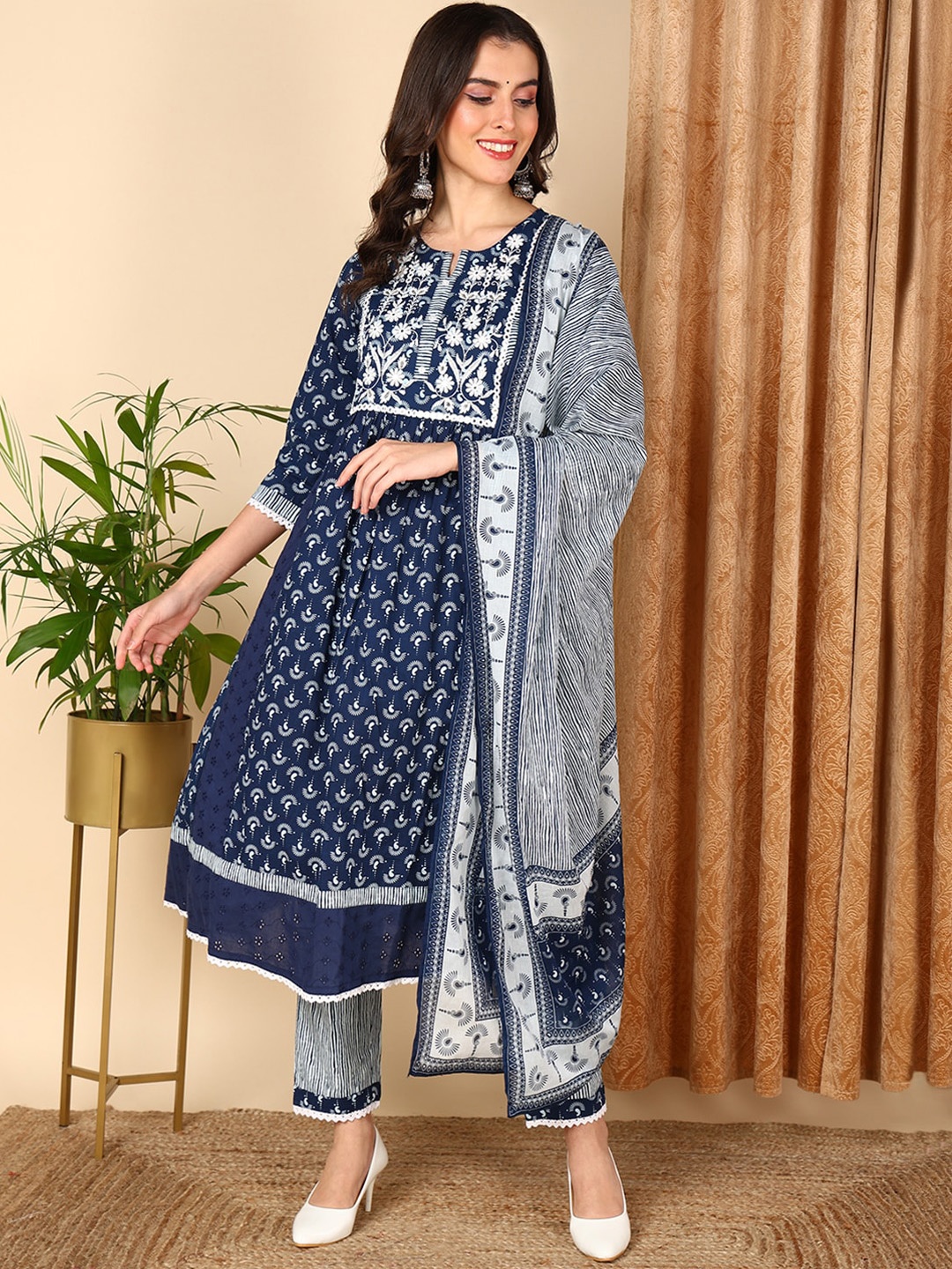 AHIKA Blue Ethnic Motifs Printed Thread Work A-Line Cotton Kurta With Trousers & Dupatta
AHIKA Blue Ethnic Motifs Printed Thread Work A-Line Cotton Kurta With Trousers & Dupatta