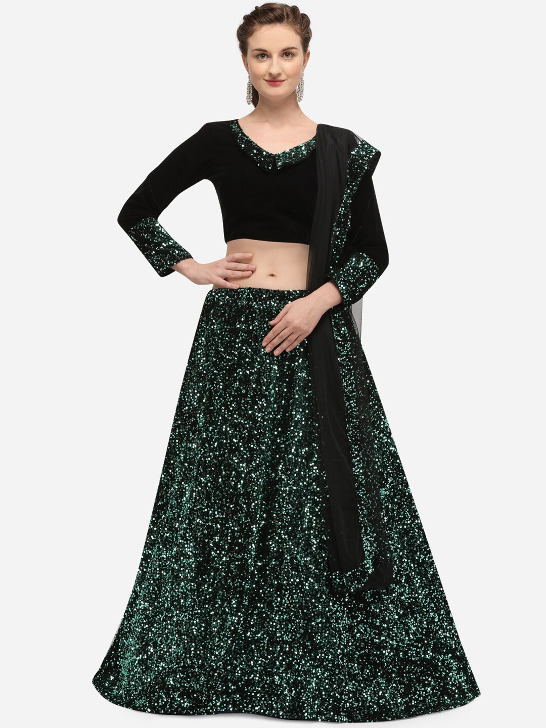 KALINI Embellished Sequinned Velvet Semi-Stitched Lehenga & Unstitched Blouse With Dupatta, Black
KALINI Embellished Sequinned Velvet Semi-Stitched Lehenga & Unstitched Blouse With Dupatta, Black