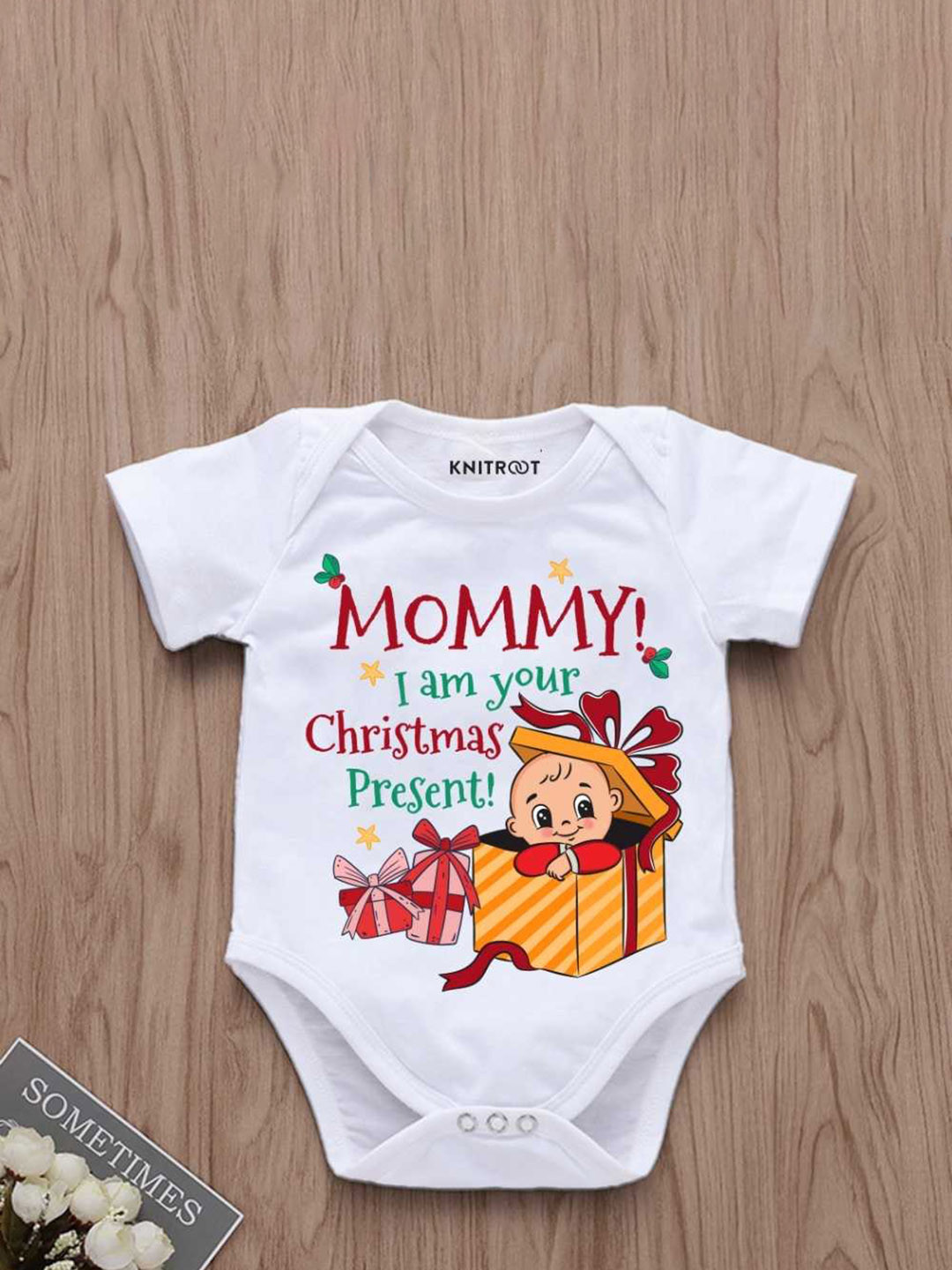 KNITROOT Infants Christmas present Mommy Printed Short Sleeves Bodysuit, White 
KNITROOT Infants Christmas present Mommy Printed Short Sleeves Bodysuit, White
