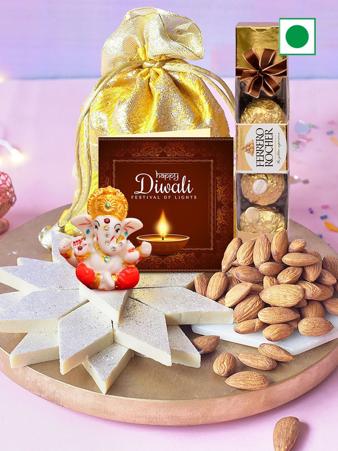 TIED RIBBONS Diwali Combo Gifts with Sweets Kaju Katli Chocolates Almonds Idol & Card, Yellow
TIED RIBBONS Diwali Combo Gifts with Sweets Kaju Katli Chocolates Almonds Idol & Card, Yellow