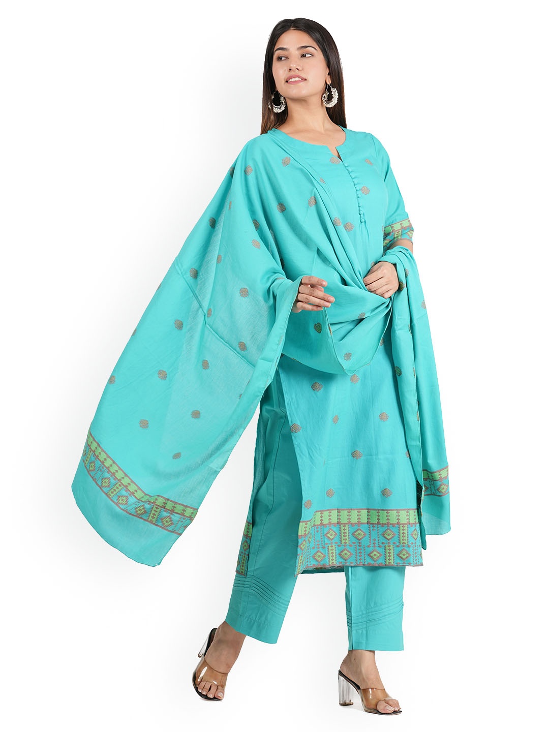 JAIPURIBANNO Women Turquoise Blue Ethnic Motifs Printed Regular Pure Cotton Kurta with Trousers & With
JAIPURIBANNO Women Turquoise Blue Ethnic Motifs Printed Regular Pure Cotton Kurta with Trousers & With