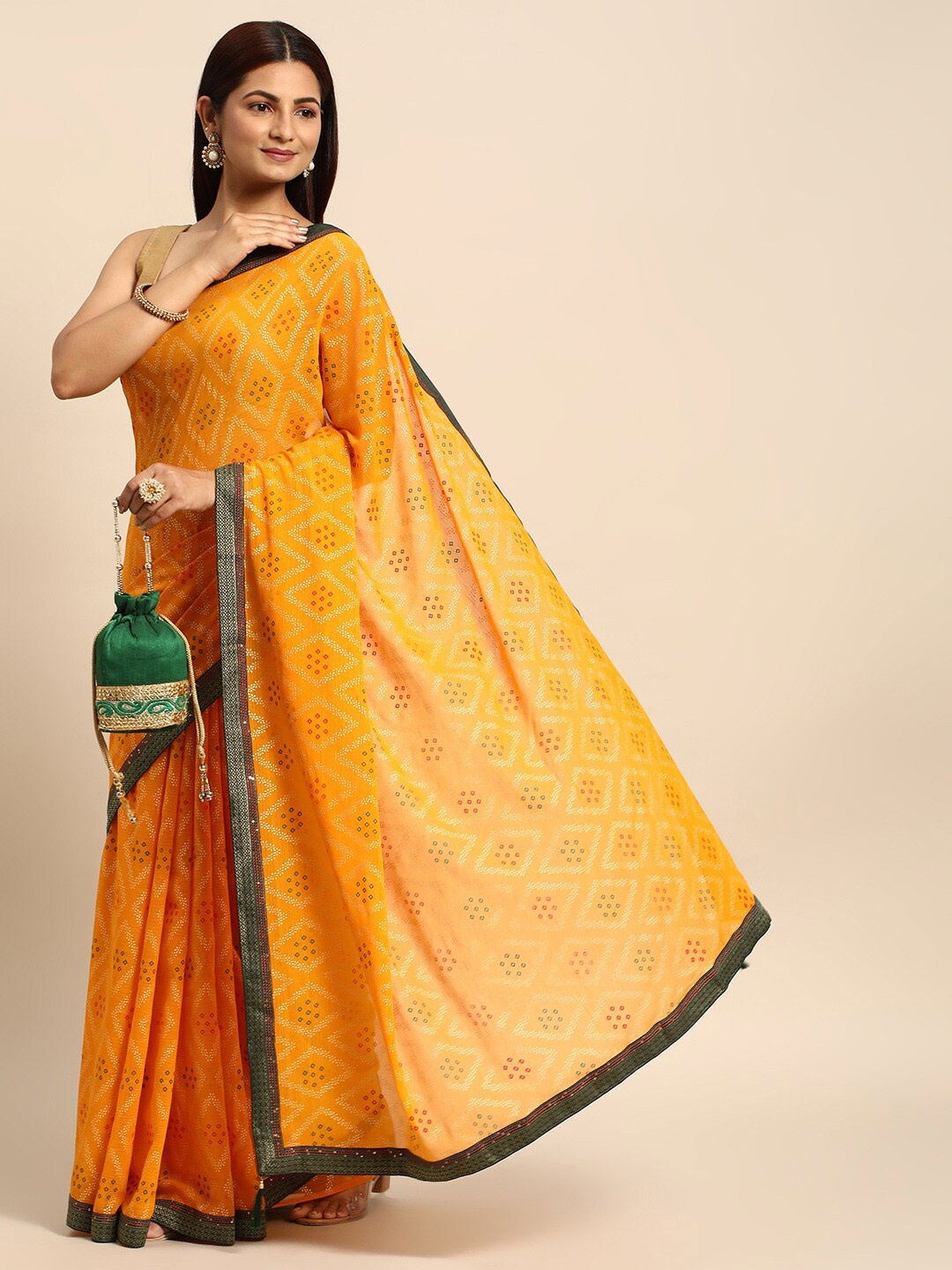 KALINI Bandhani Printed Zari Saree, Yellow