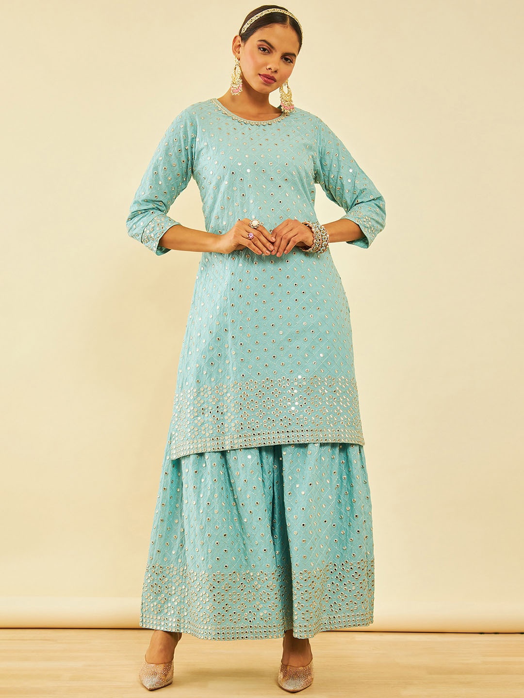 Soch Embroidered Regular Mirror Work Pure Cotton Kurta with Sharara & With Dupatta, Blue
Soch Embroidered Regular Mirror Work Pure Cotton Kurta with Sharara & With Dupatta, Blue