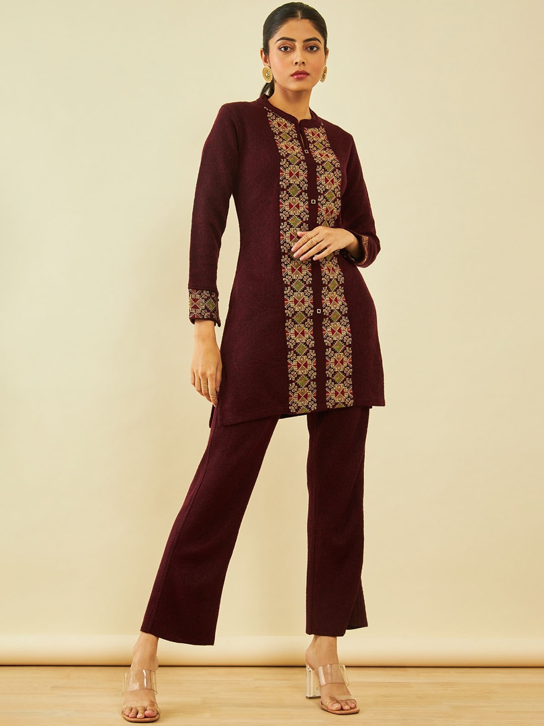 Soch Ethnic Motifs Embroidered Regular Thread Work Acrylic Kurta With Trousers, Maroon
Soch Ethnic Motifs Embroidered Regular Thread Work Acrylic Kurta With Trousers, Maroon