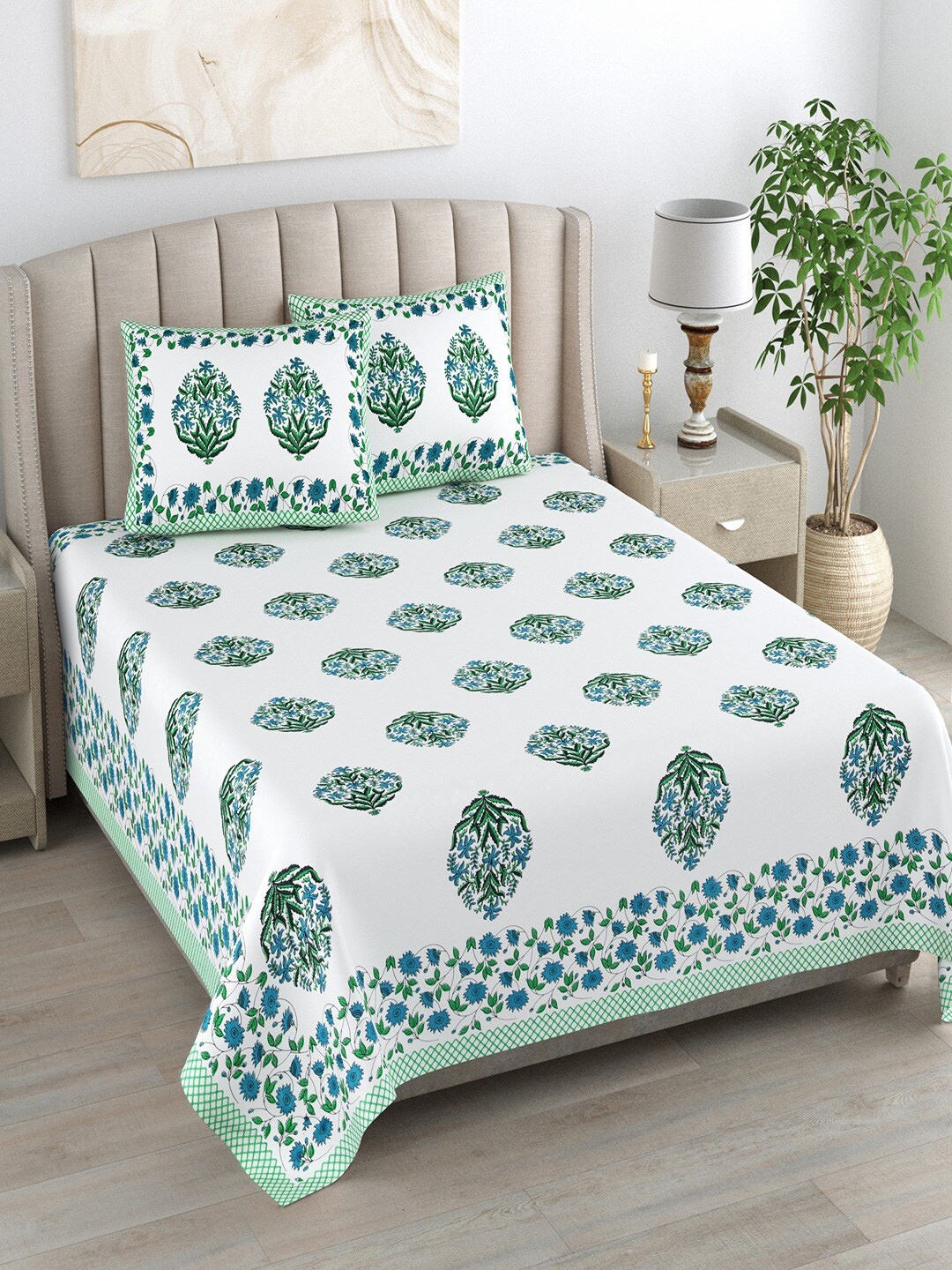 Bombay Spreads White & Green Floral Pure Cotton 180 TC King Bedsheet & 2 Pillow Covers
Bombay Spreads White & Green Floral Pure Cotton 180 TC King Bedsheet & 2 Pillow Covers