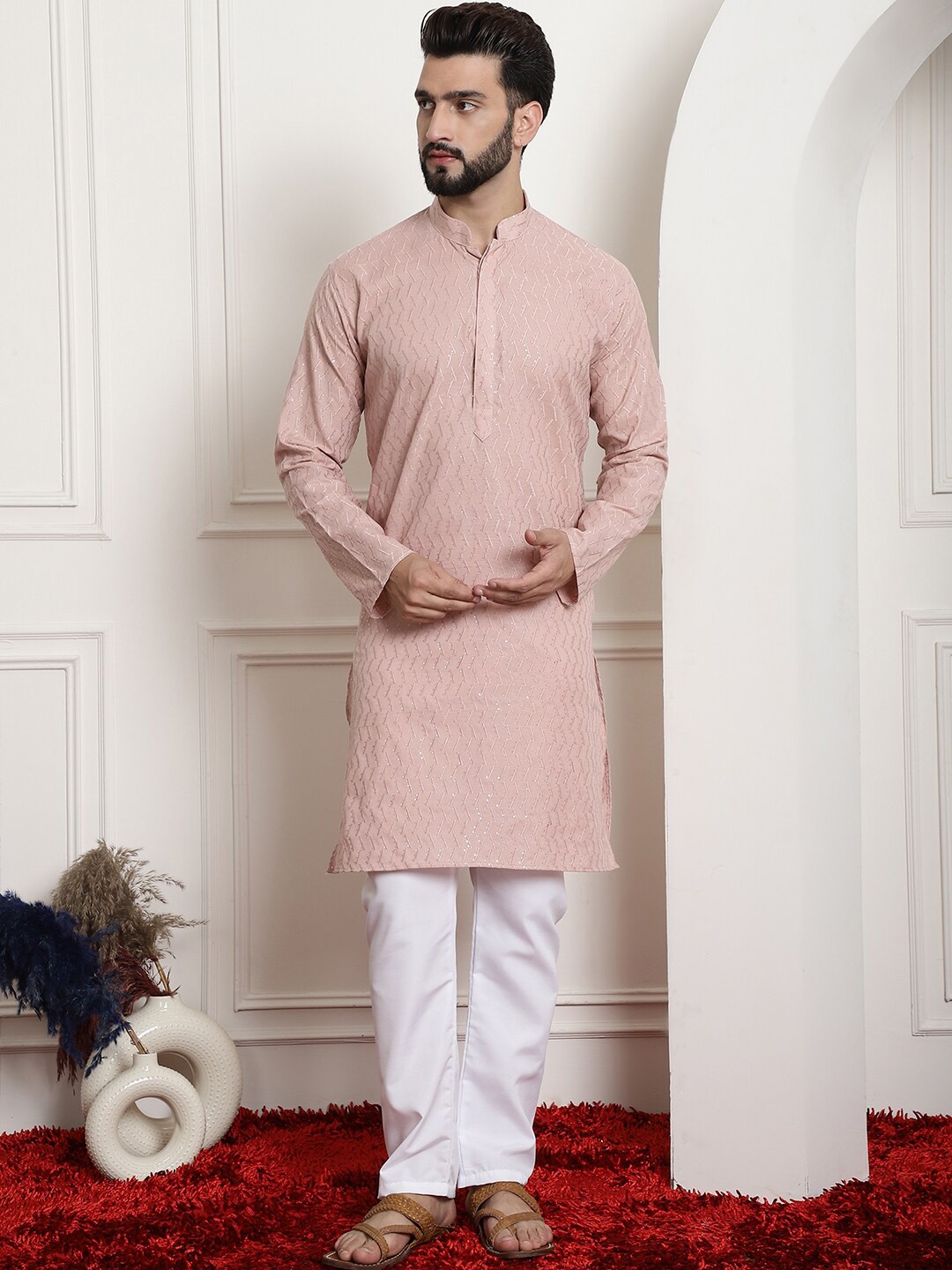Armaan Ethnic Chevron Embroidered Chikankari Sequined Pure Cotton Kurta with Pyjamas, Peach
Armaan Ethnic Chevron Embroidered Chikankari Sequined Pure Cotton Kurta with Pyjamas, Peach