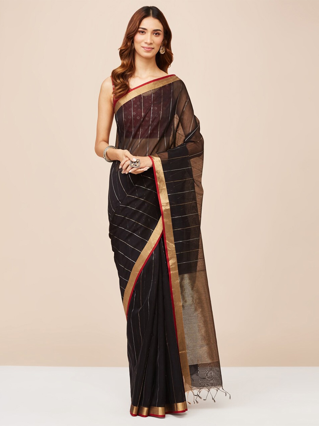 Fabindia Striped Zari Maheshwari Saree, Black
