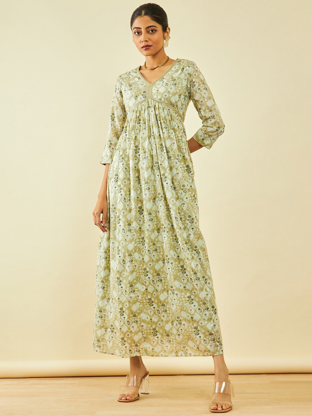 Soch Ethnic Motifs Printed V-Neck Gathered Detailed Cotton Empire Midi Ethnic Dress, Green
Soch Ethnic Motifs Printed V-Neck Gathered Detailed Cotton Empire Midi Ethnic Dress, Green