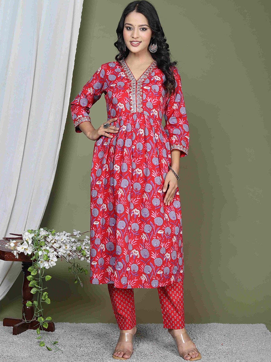 Wodreams Floral Printed V-Neck Pleated Pure Cotton Kurta With Trouser & Dupatta, Red
Wodreams Floral Printed V-Neck Pleated Pure Cotton Kurta With Trouser & Dupatta, Red
