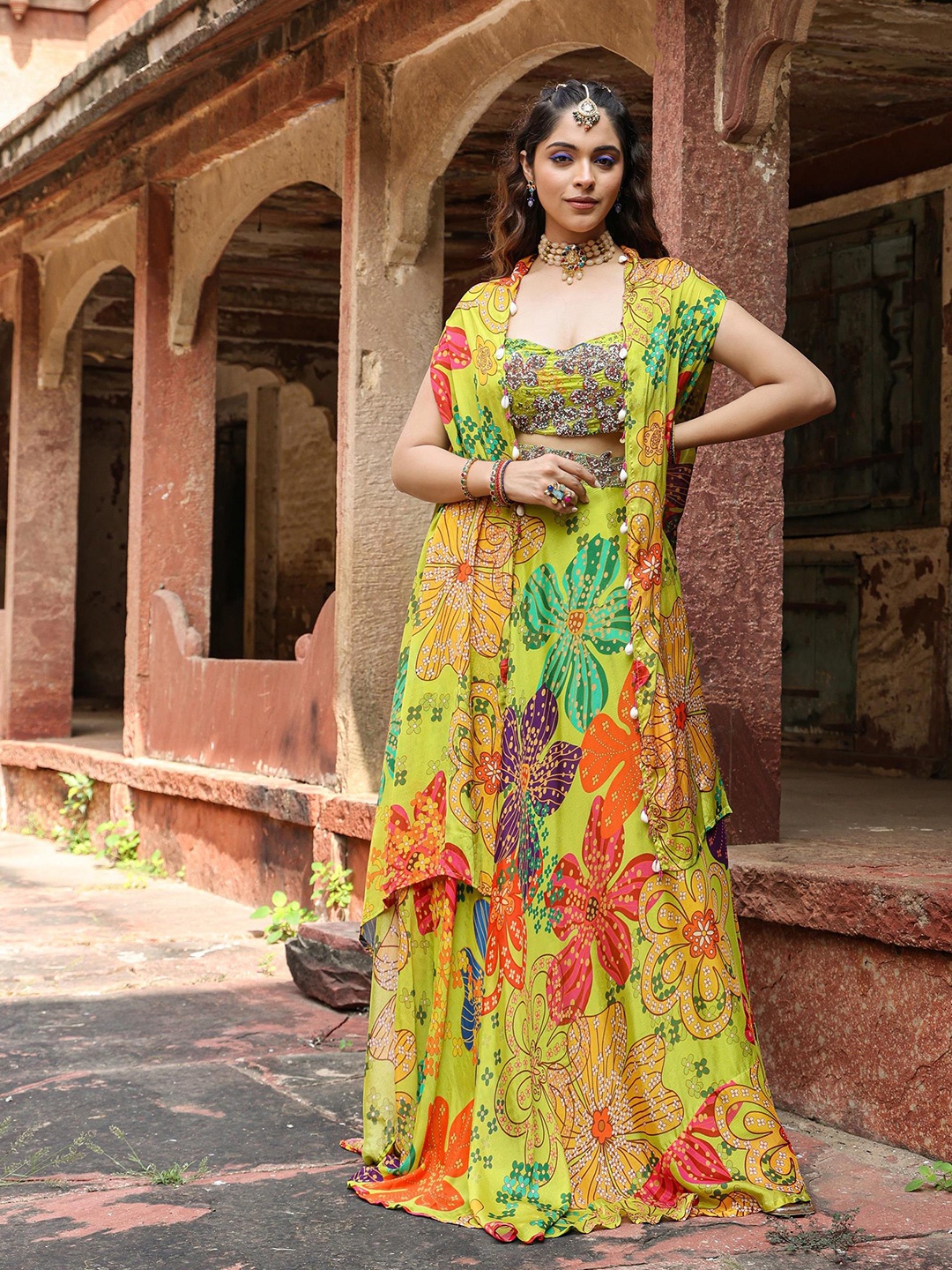 SCAKHI Floral Printed Beads & Stones Ready to Wear Lehenga & Choli WIth Shrug, Lime green
SCAKHI Floral Printed Beads & Stones Ready to Wear Lehenga & Choli WIth Shrug, Lime green