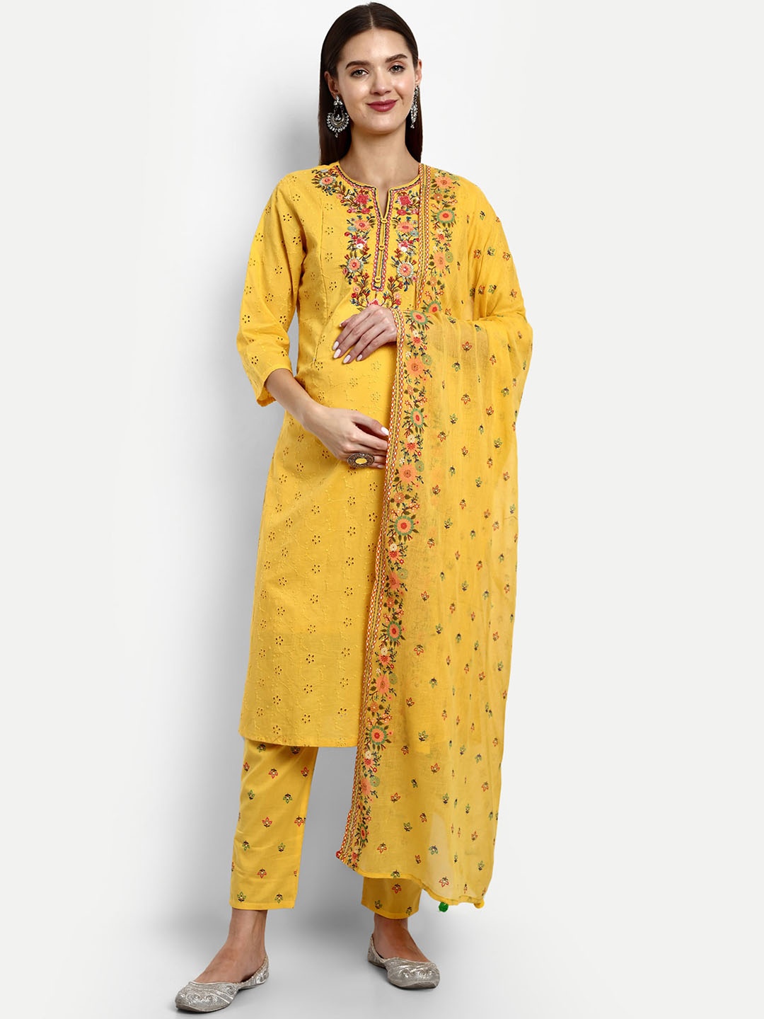 mumzhug Floral Embroidered Schiffli Pure Cotton Straight Kurta With Trousers & Dupatta, Yellow
mumzhug Floral Embroidered Schiffli Pure Cotton Straight Kurta With Trousers & Dupatta, Yellow