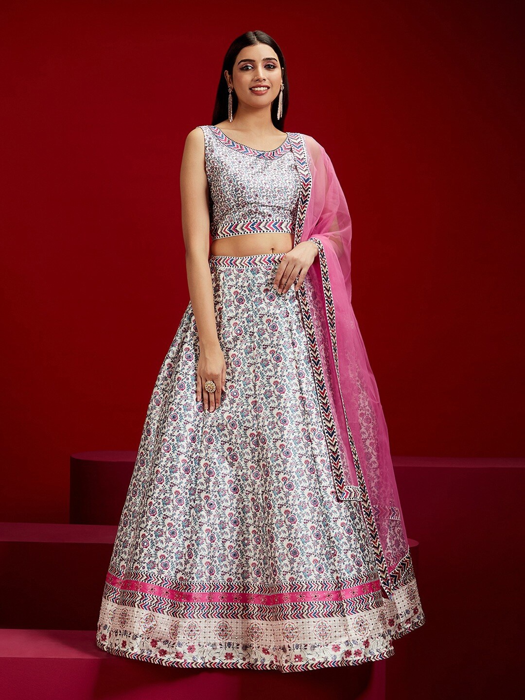 Libas Art Floral Printed Round Neck Sleevelesss Mirror Work Lehenga & Blouse With Dupatta, White
Libas Art Floral Printed Round Neck Sleevelesss Mirror Work Lehenga & Blouse With Dupatta, White