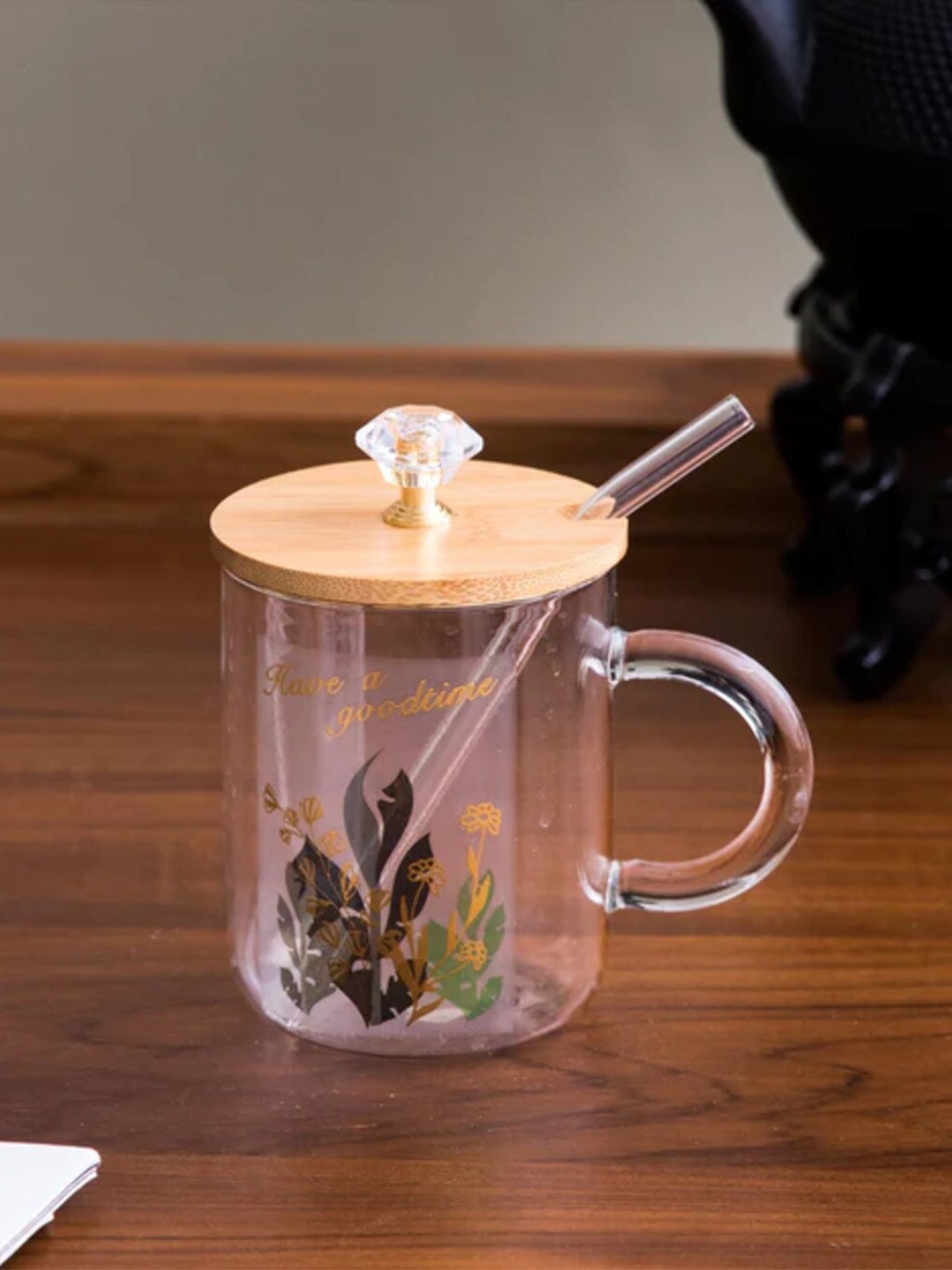 THEDECORKART Transparent & Green Hand Painted Ceramic Glossy Mugs