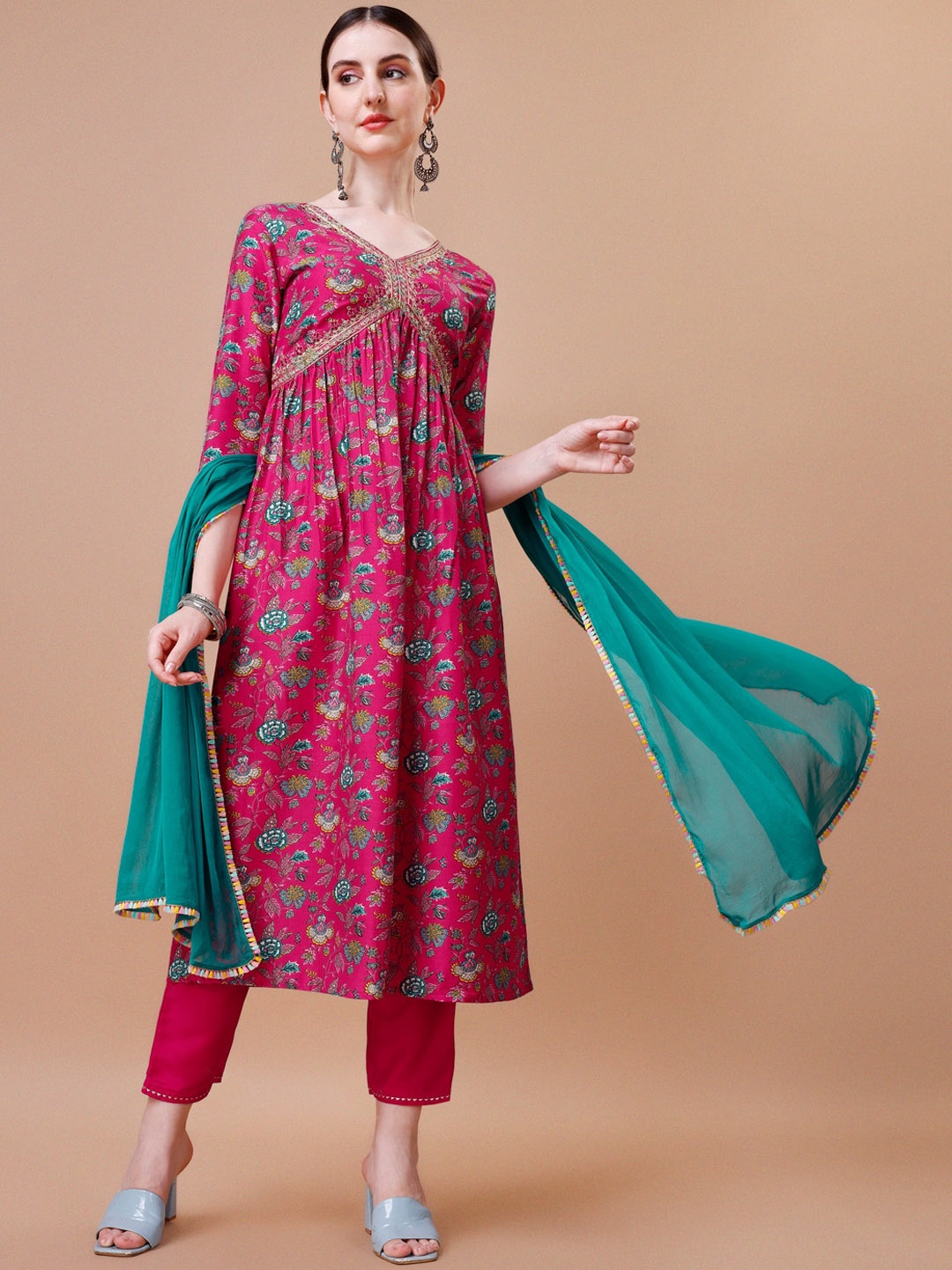 KALINI Ethnic Motif Printed Thread Work Pleated Empire Kurta With Trousers & Dupatta, Pink
KALINI Ethnic Motif Printed Thread Work Pleated Empire Kurta With Trousers & Dupatta, Pink