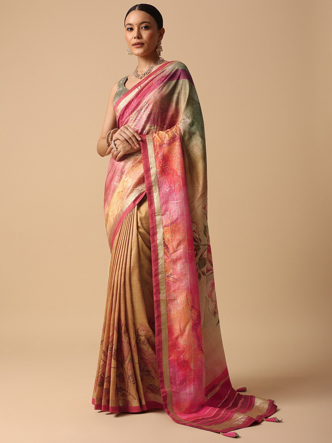 KALKI Fashion Floral Printed Zari Saree, Pink