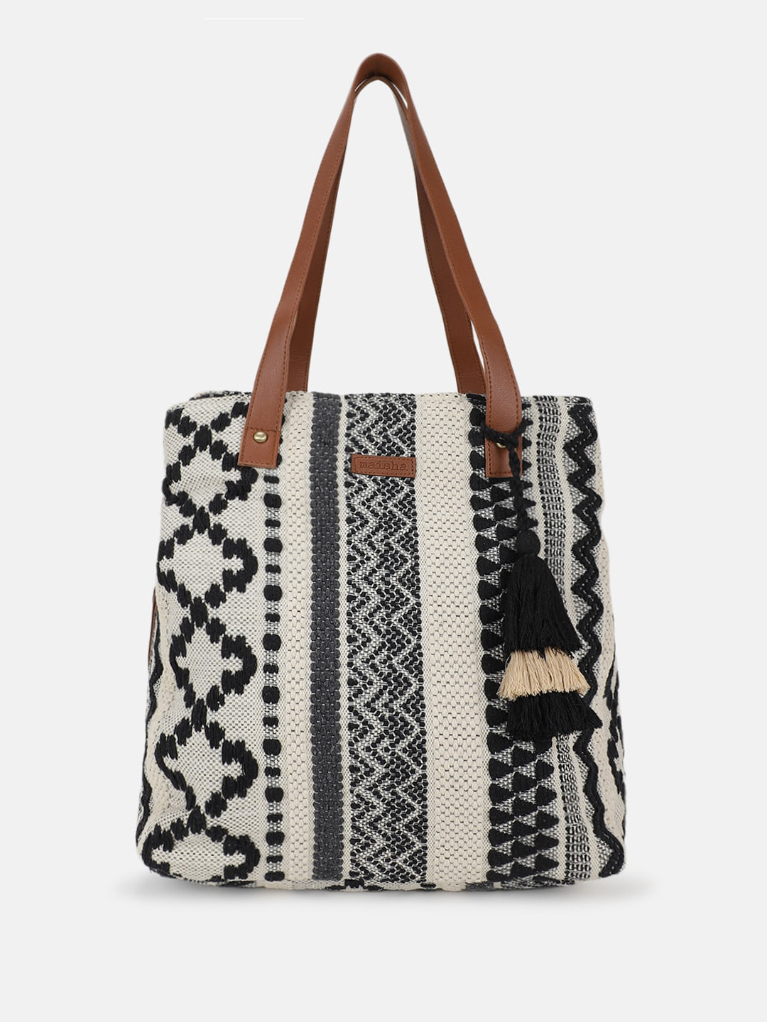 Maisha Geometric Self Design Oversized Shopper Tote Bag with Tasselled, Beige 
Maisha Geometric Self Design Oversized Shopper Tote Bag with Tasselled, Beige