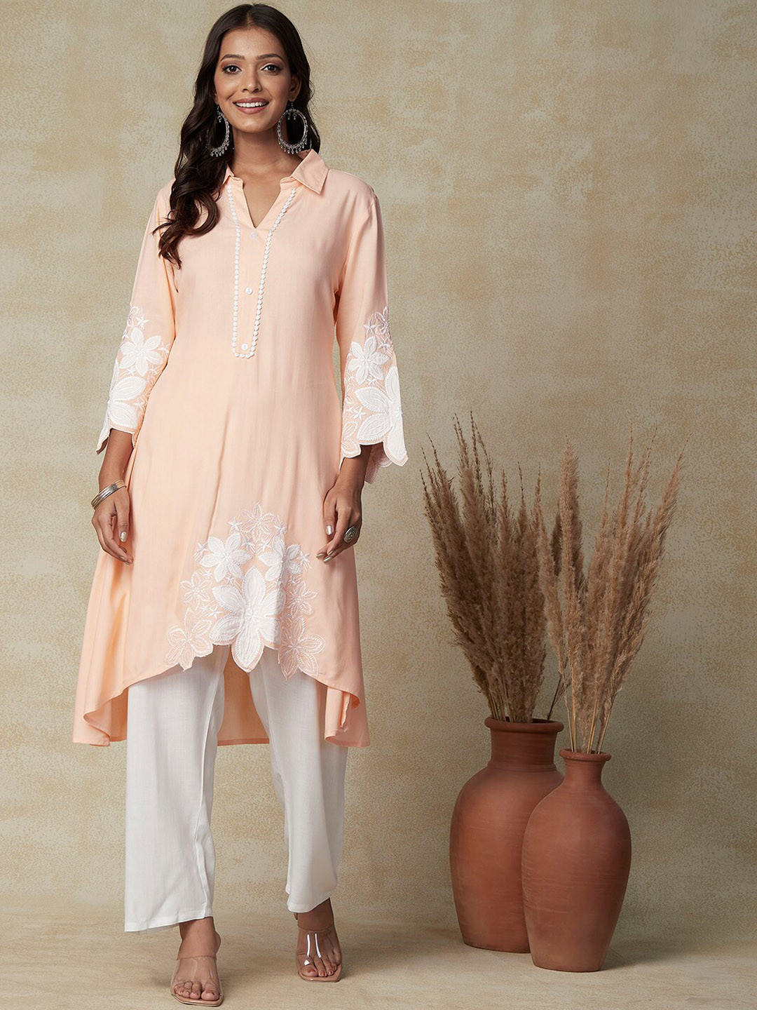 FASHOR Floral Embroidered Regular Thread Work Asymmetric Kurta with Trousers, Peach
FASHOR Floral Embroidered Regular Thread Work Asymmetric Kurta with Trousers, Peach