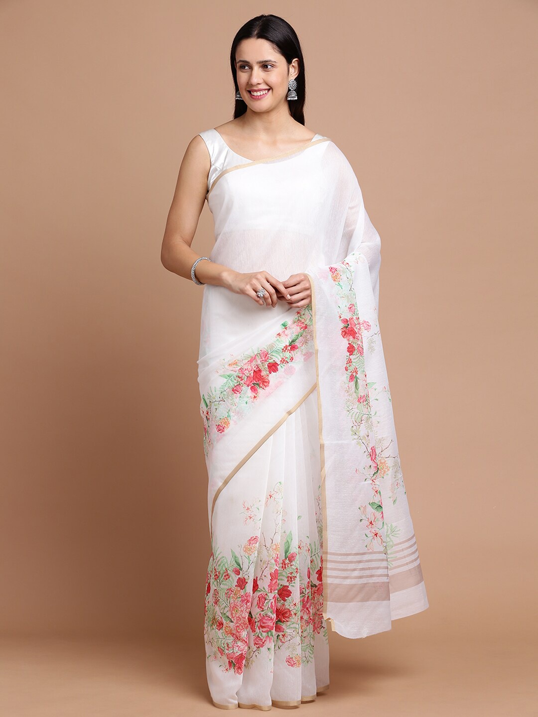 Kalyan Silks Floral Printed Zari Silk Cotton Saree, White