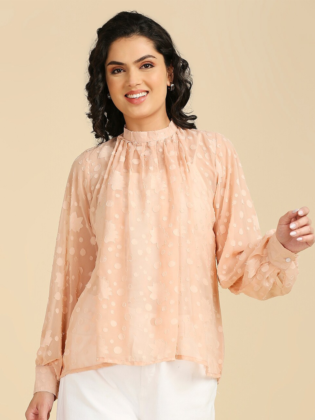 GUFRINA Self Design High Neck Puff Sleeves Gathered or Pleated Semi Sheer Top, Beige
GUFRINA Self Design High Neck Puff Sleeves Gathered or Pleated Semi Sheer Top, Beige